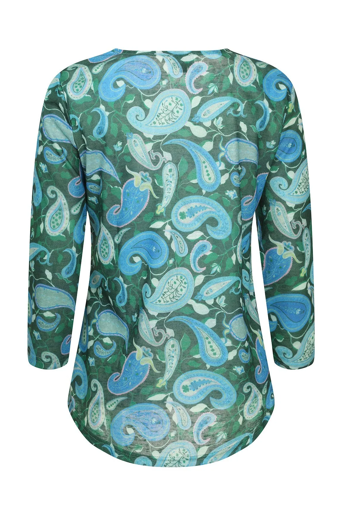 Weatherproof Outerwear Versatile Clothing 3/4 Sleeve Top with hi lo hemline | Green Sky Paisley | 6801ZR