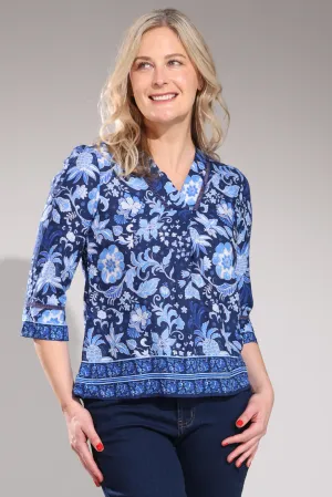 Cozy Design 3/4 sleeve Top with ladder lace | Navy Garden Border | 6545A1