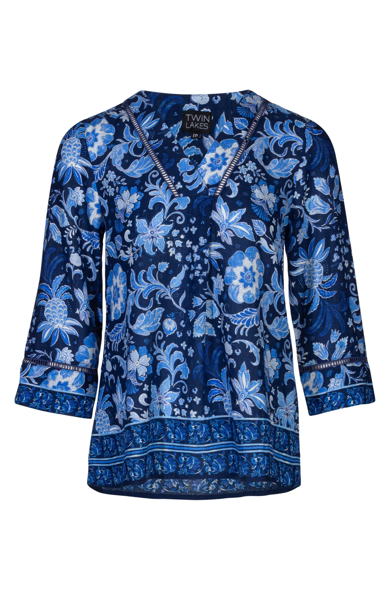 Comfort sleepwear Soft Tunic 3/4 sleeve Top with ladder lace | Navy Garden Border | 6545A1