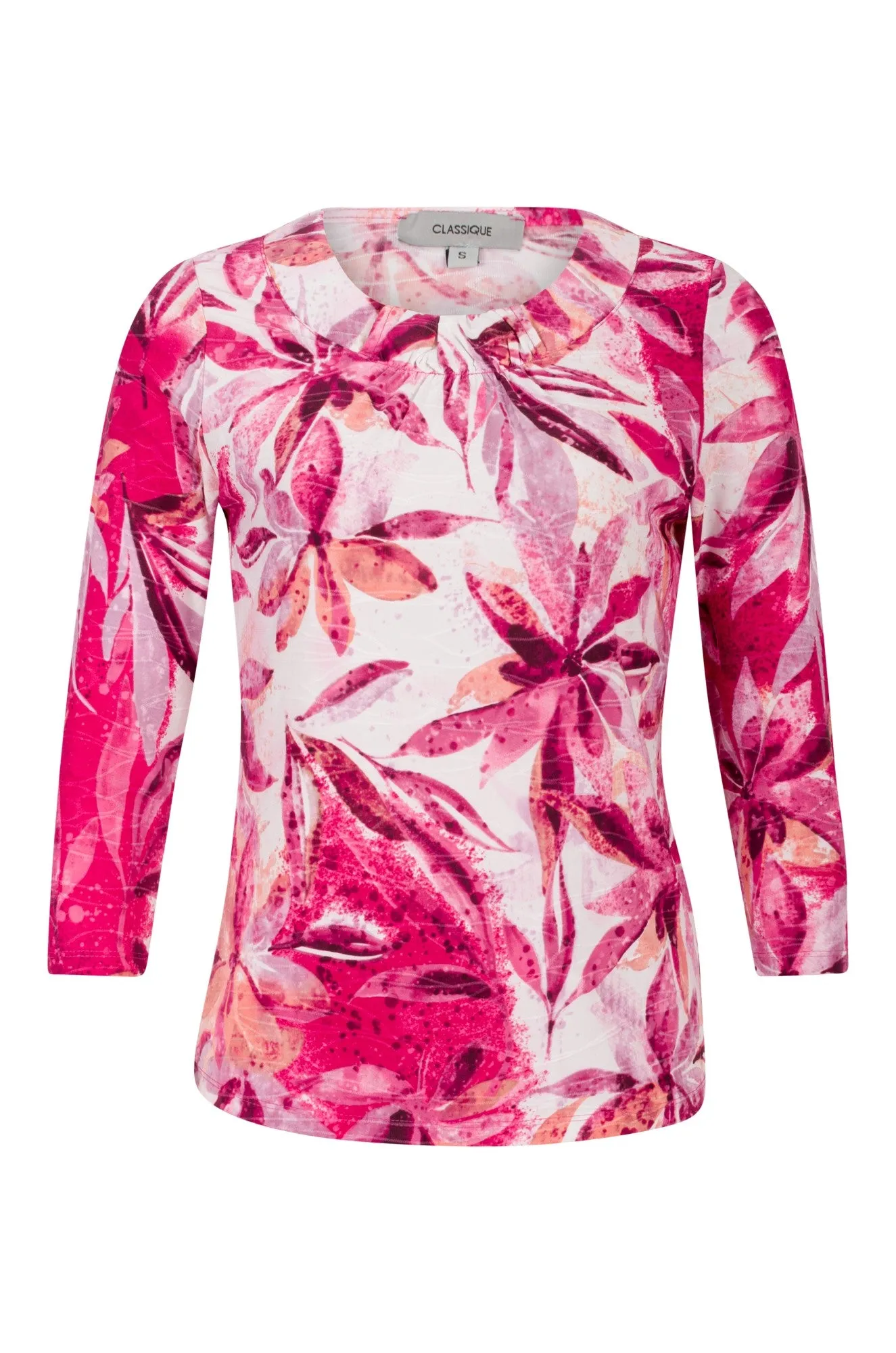 3/4 sleeve Top with neckline gather | CERISE FLOWER | 9121A1 Relaxed Layer