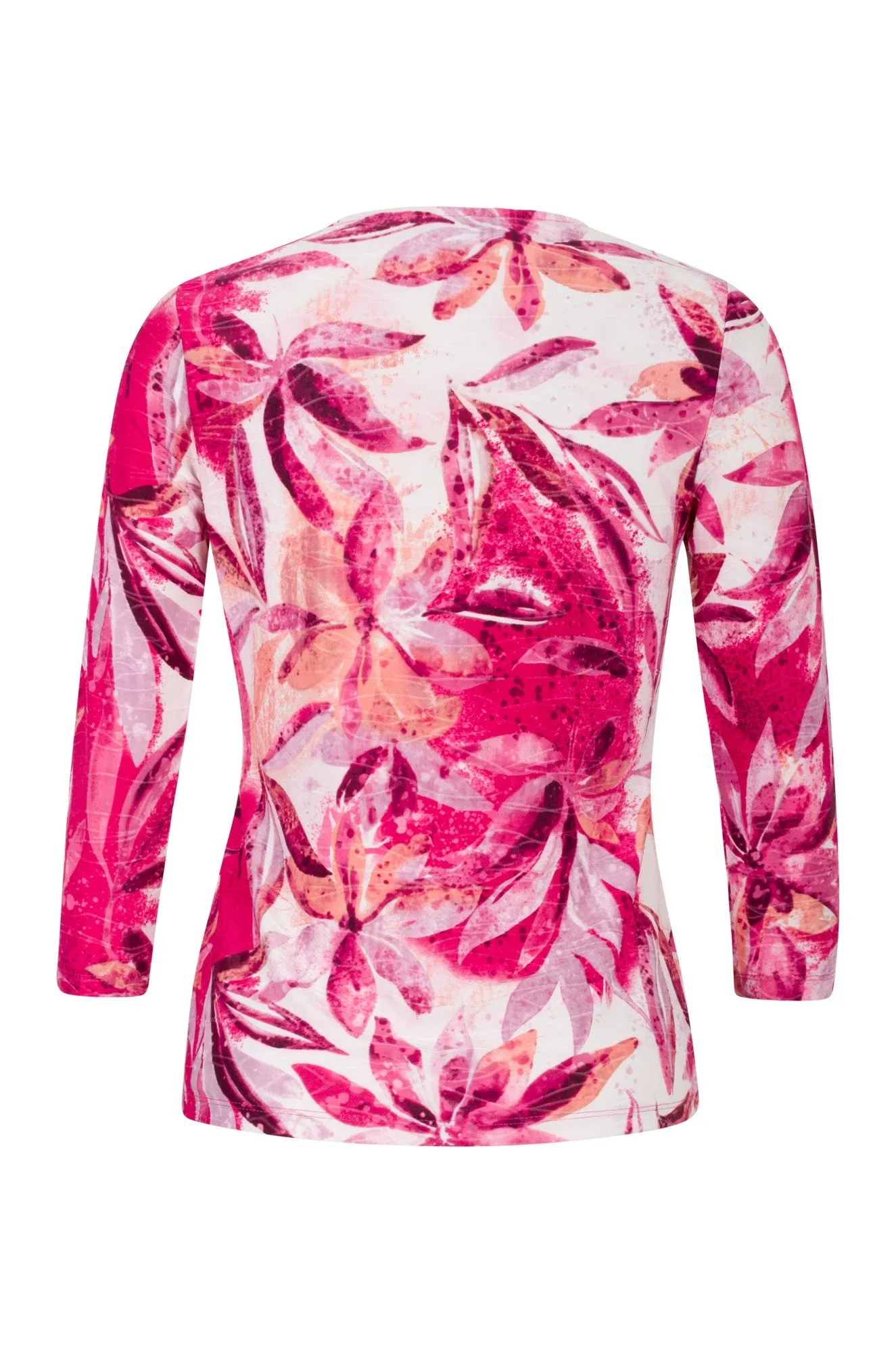 3/4 sleeve Top with neckline gather | CERISE FLOWER | 9121A1 DoubleLayered Fabric