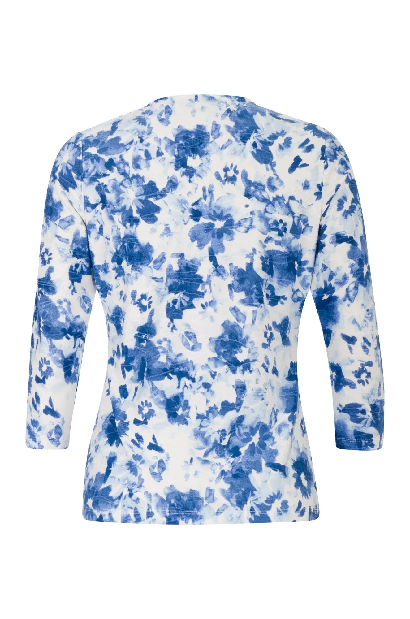 3/4 sleeve Top with neckline gather | Indigo White Floral | 9121A1 FlexFitTechnology