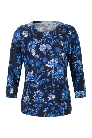 3/4 sleeve Top with neckline gather | NAVY BLUE GARDEN | 9121A1 Casual Look