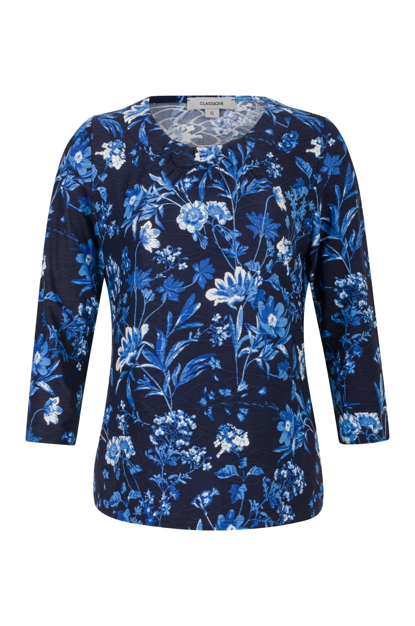 Warm Fit 3/4 sleeve Top with neckline gather | NAVY BLUE GARDEN | 9121A1