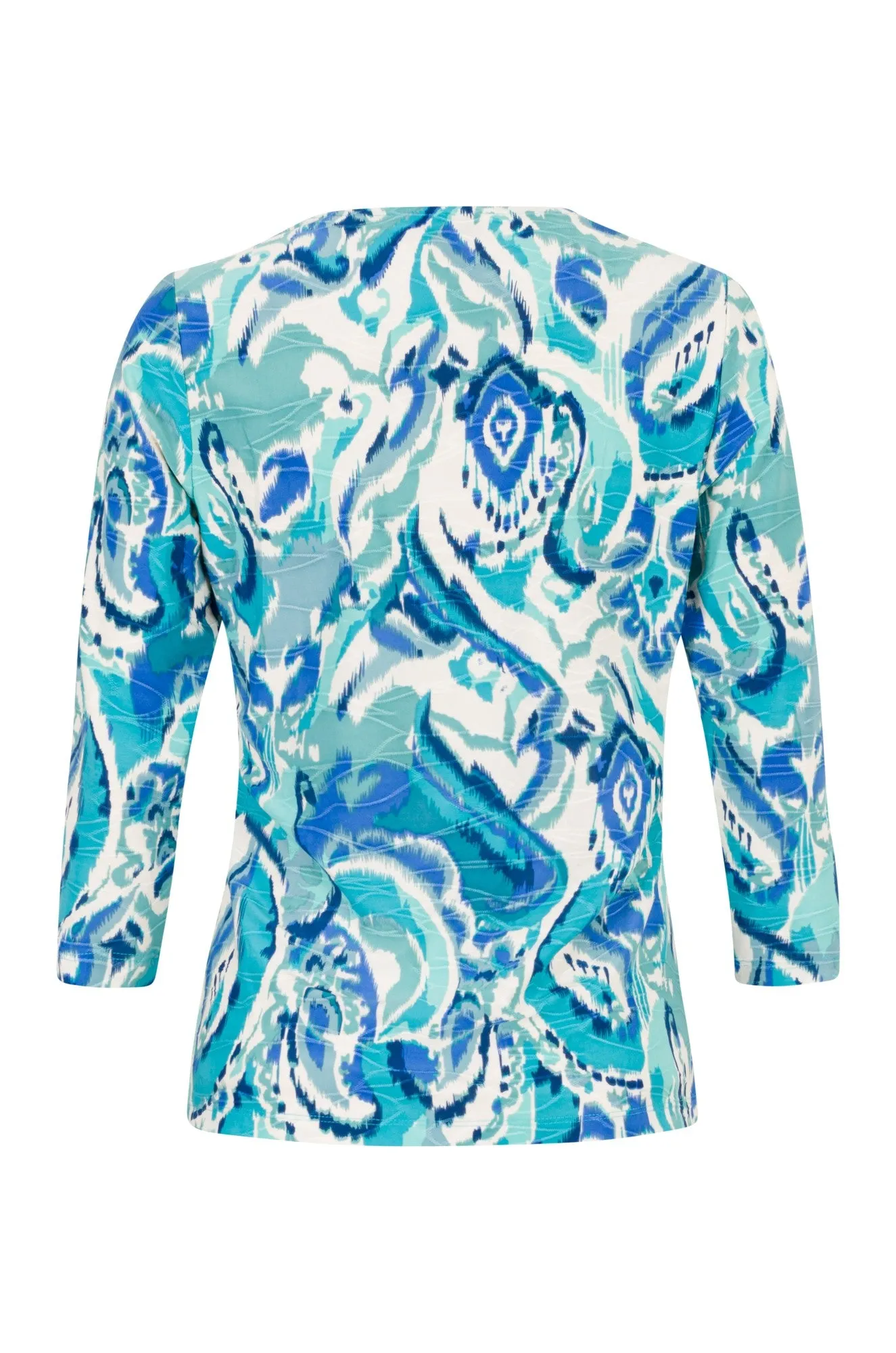 3/4 sleeve Top with neckline gather | Sage Blues Abstract | 9121A1 Team Edge Wrinklefree