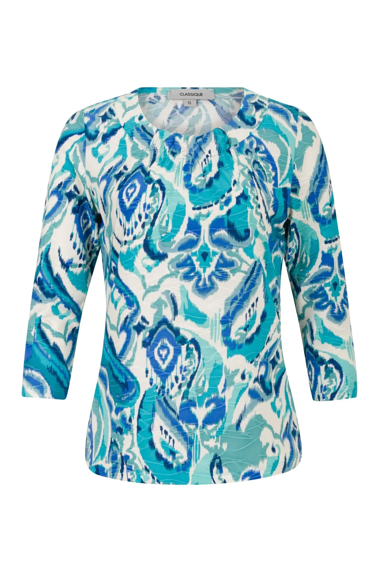 Smile Glow 3/4 sleeve Top with neckline gather | Sage Blues Abstract | 9121A1