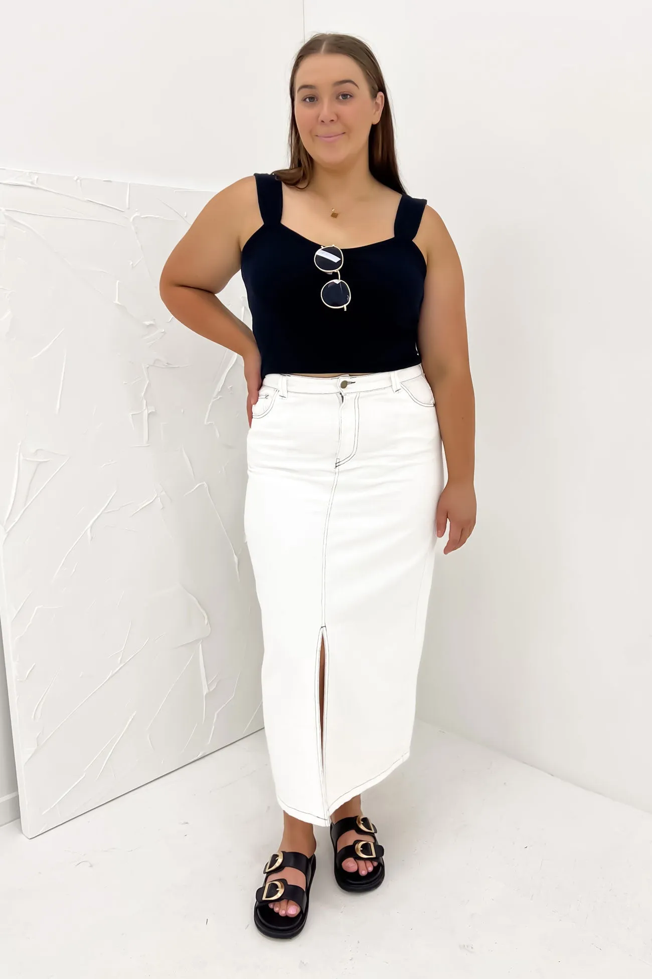 Indiana Denim Midi Skirt White Convertible Length