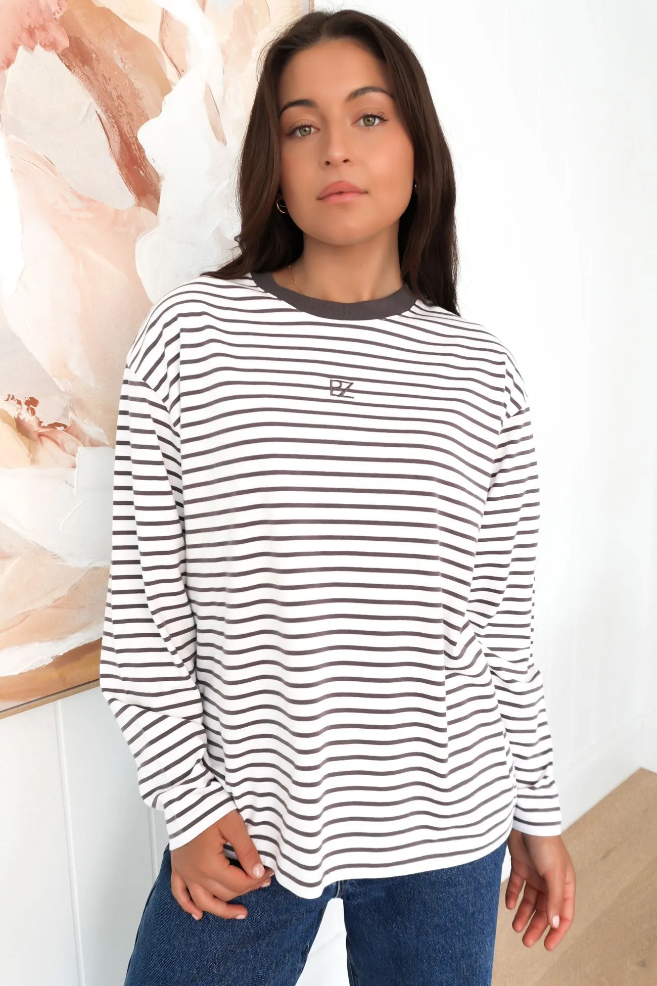 Taylor Stripe Long Sleeve Tee White Charcoal RipstopFabric Universal Clasp Mechanism
