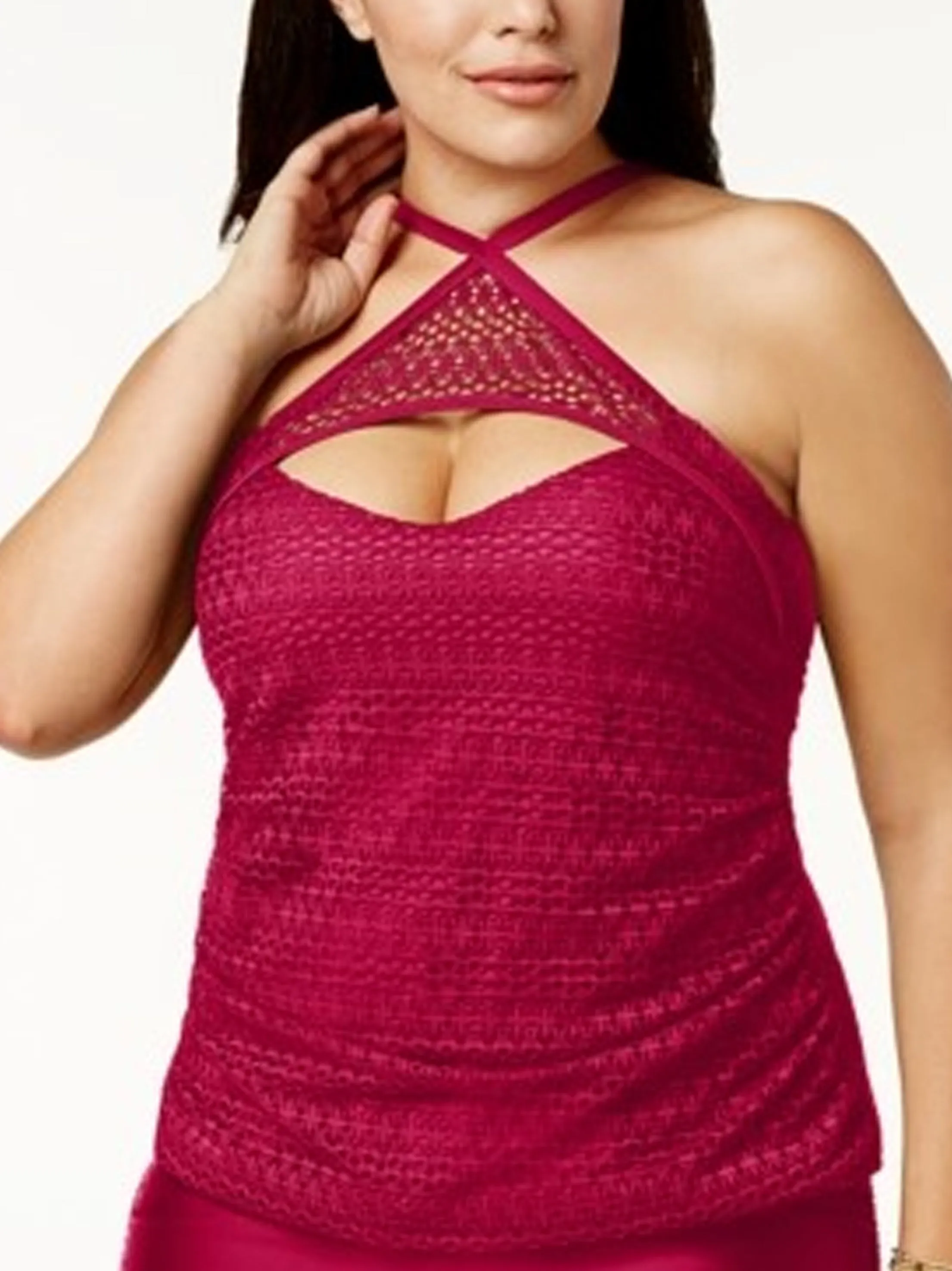 Ultraviolet Protection AntiPilling Surface Women's Crochet High Neck Tankini Top,Red