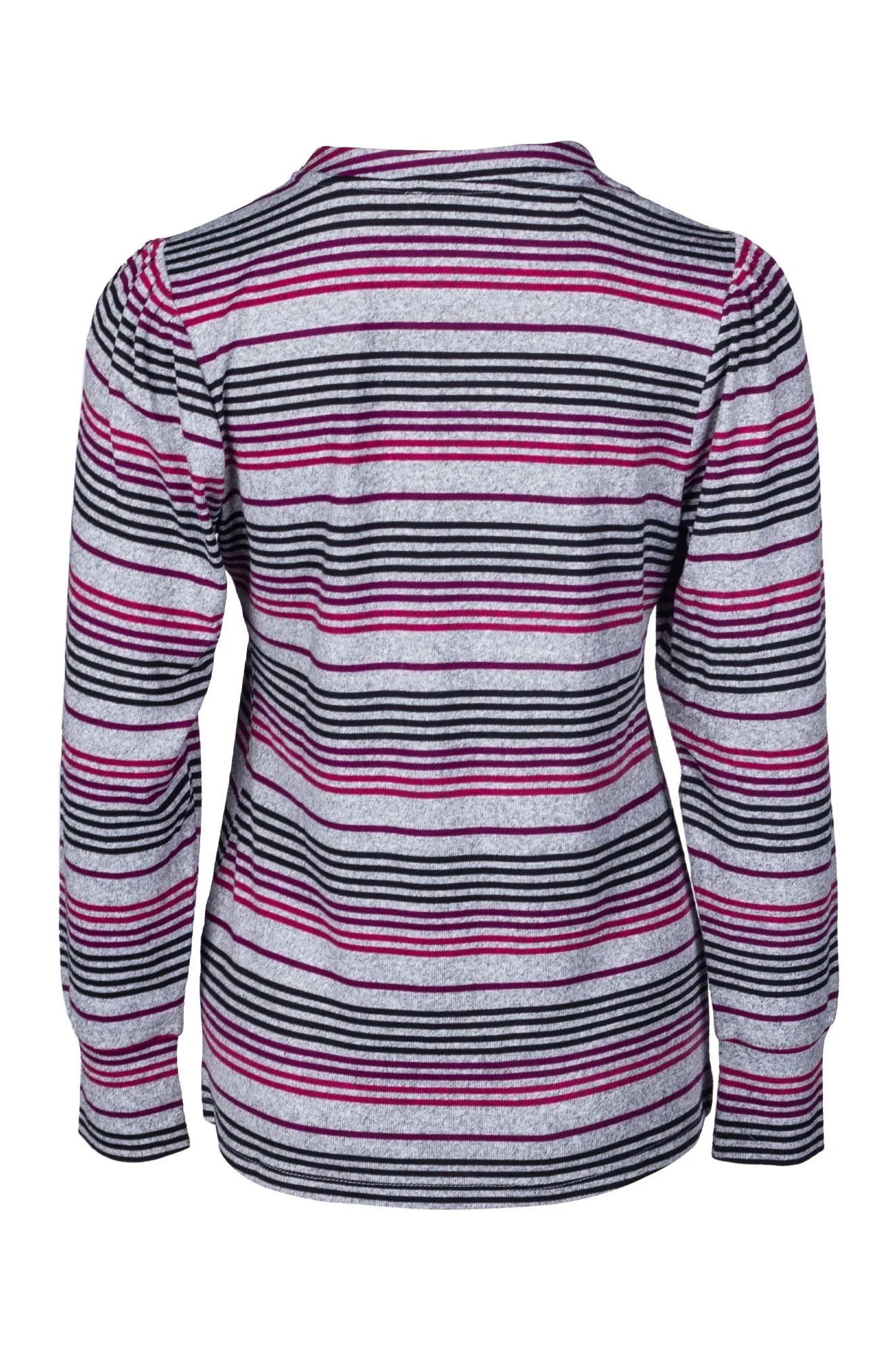 Reinforced Hem Soft Sweater Warm Touch Top with puff sleeves | Purple Silver Stripes | 7903B1