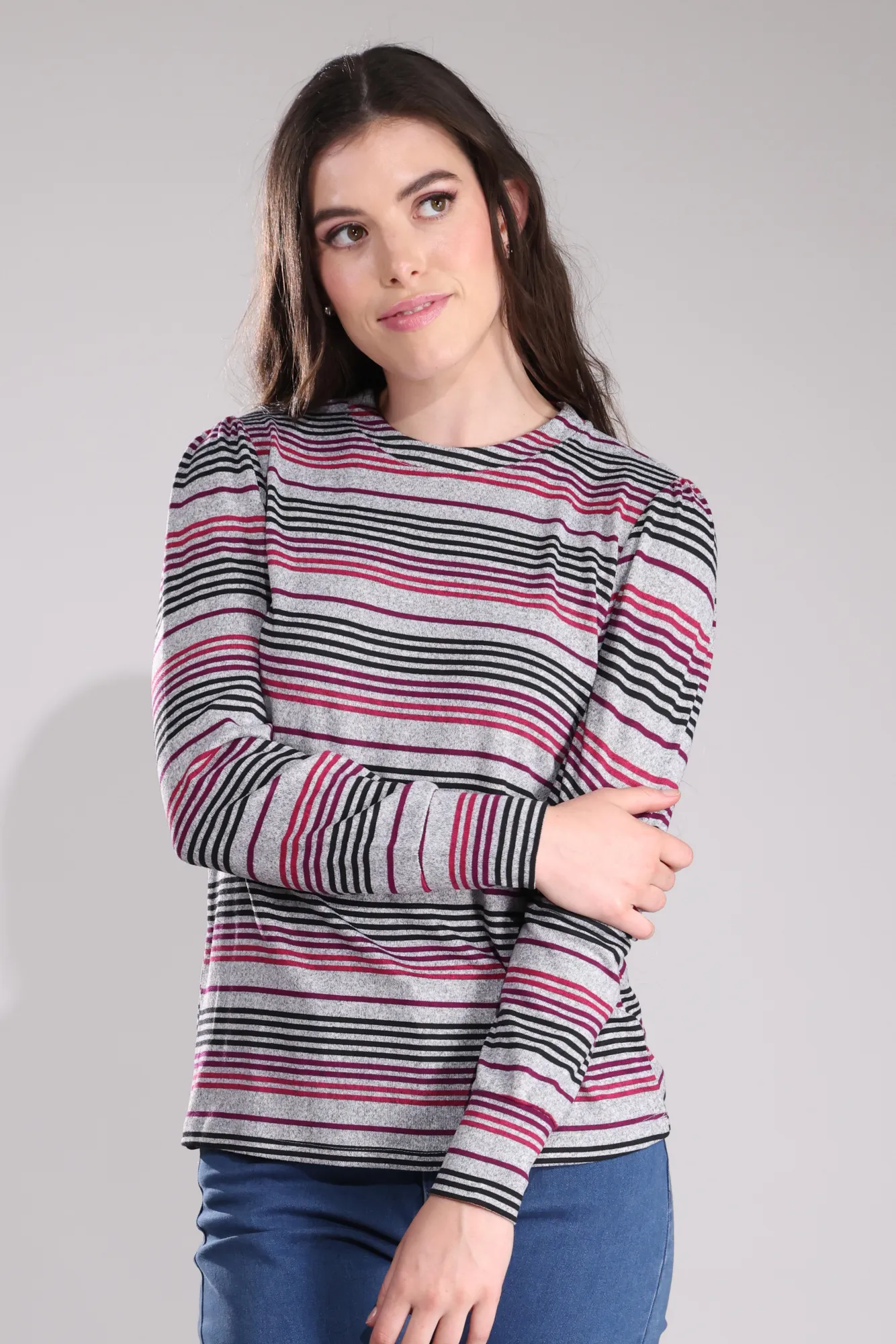Garden Ease Warm Touch Top with puff sleeves | Purple Silver Stripes | 7903B1