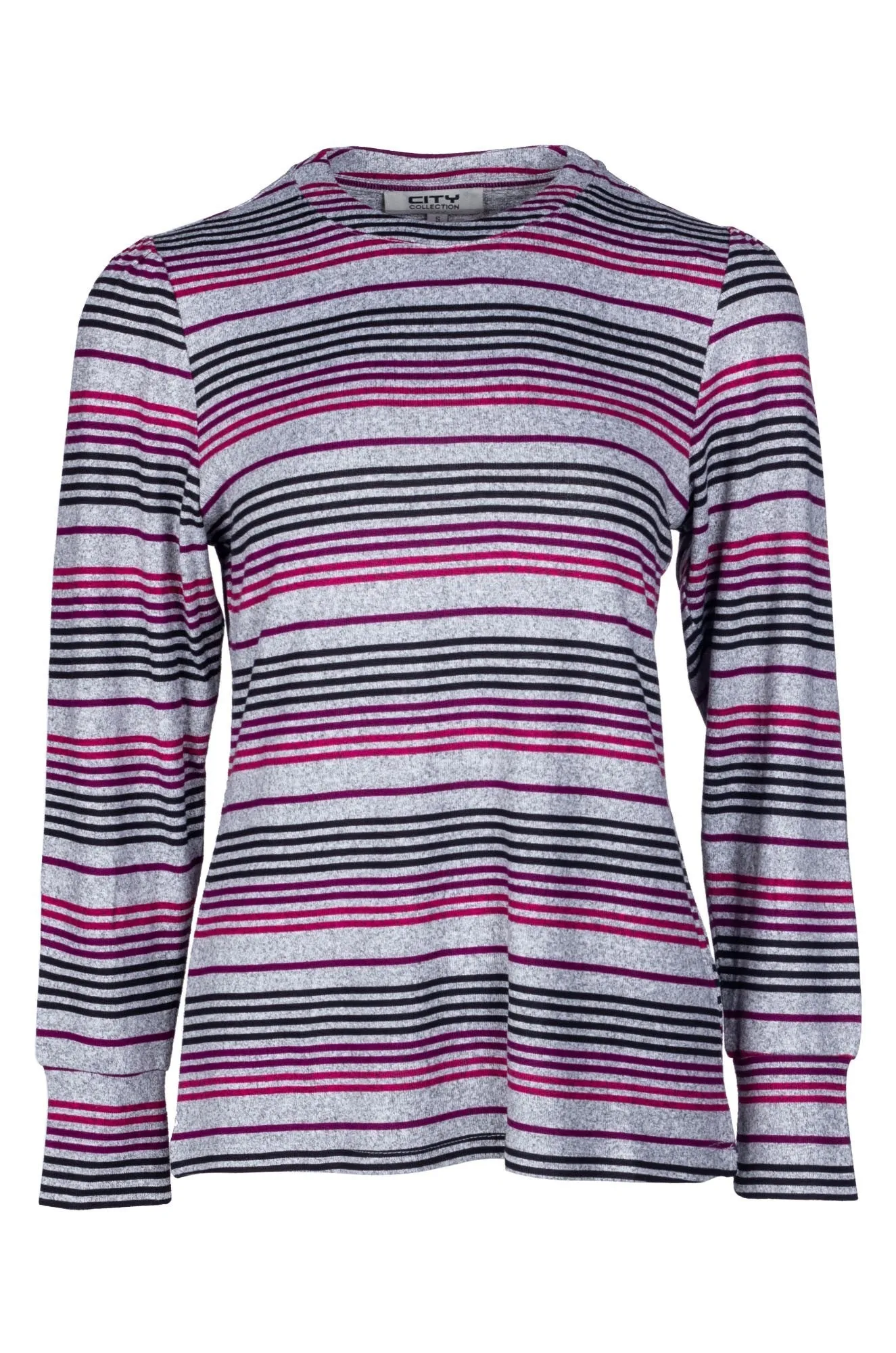Versatile Design Energy Mood Warm Touch Top with puff sleeves | Purple Silver Stripes | 7903B1