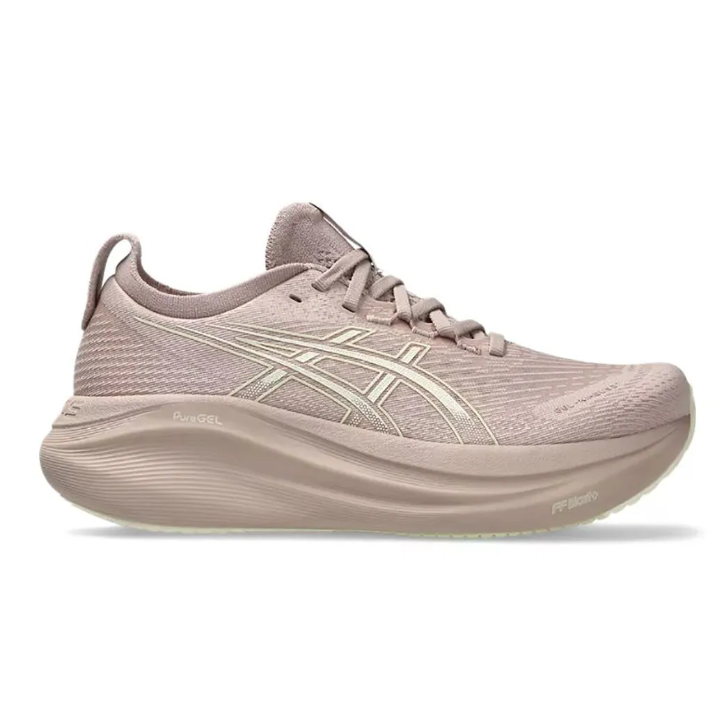 Womens Asics Gel-Nimbus 27 in Fawn/Birch running in a floating bridge area shoes running in snowy weather