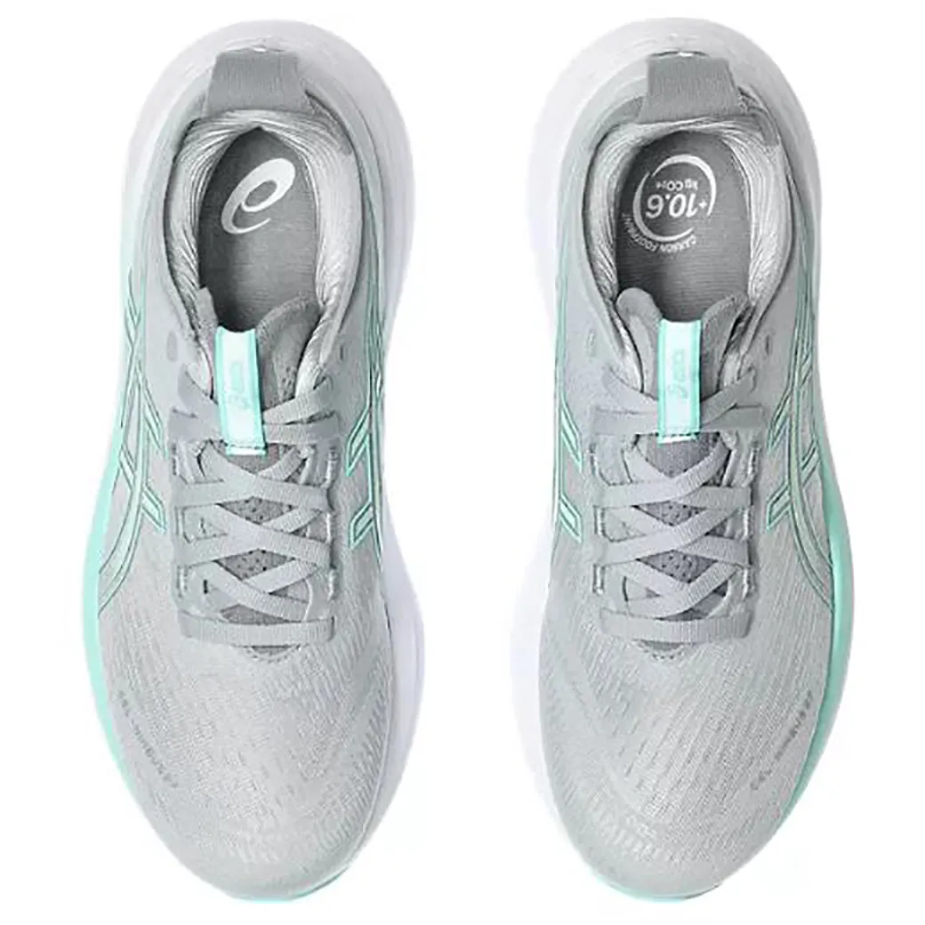 workout running wear Womens Asics Gel-Nimbus 27 Wide in Piedmont Grey/Illuminate Mint