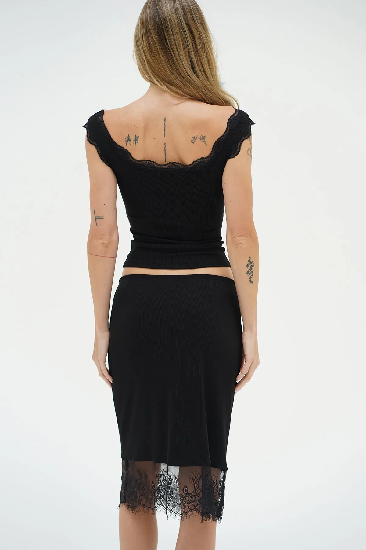 Detachable Tie Ryder Lace Trim Ribbed Skirt - Black
