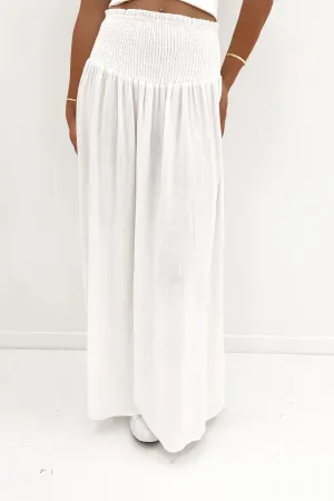 Chill Look Street Vibe Luxe Linen Shirred Maxi Skirt Vintage White