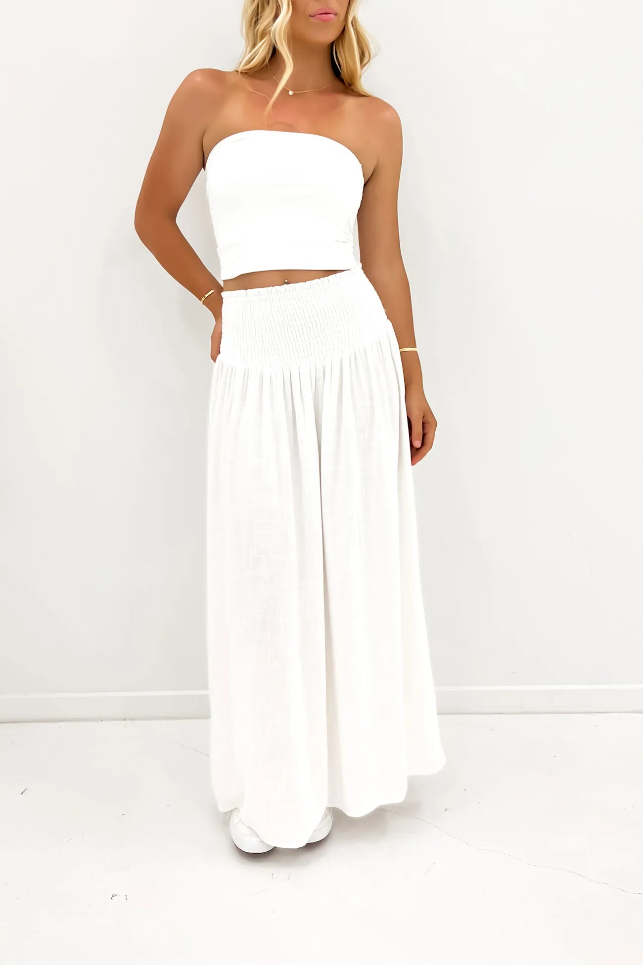 Luxe Linen Shirred Maxi Skirt Vintage White Bold Finish Elevated Casual