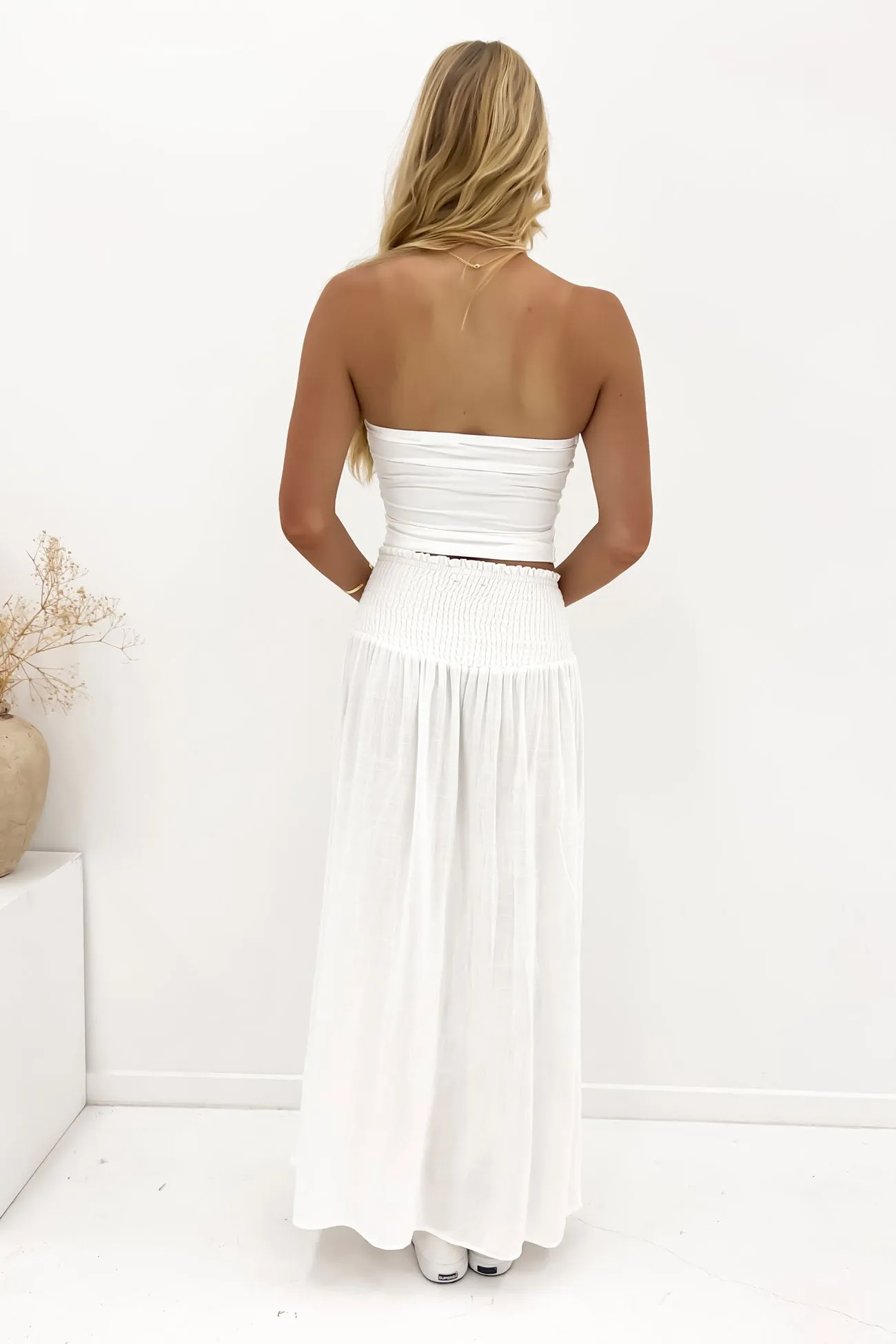 Luxe Linen Shirred Maxi Skirt Vintage White Synthetic Blend Classic Comfort