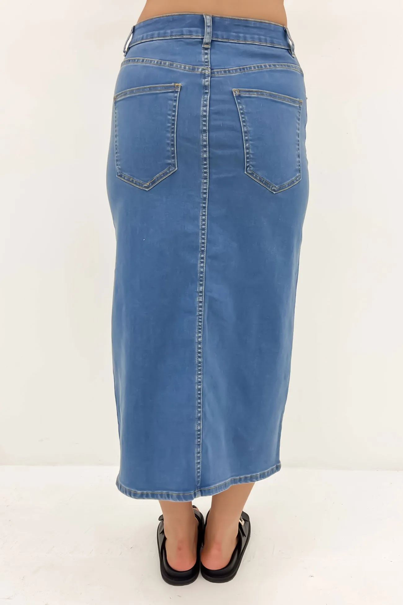 Day Wear Split hem Alivia Denim Midi Skirt Dark Blue