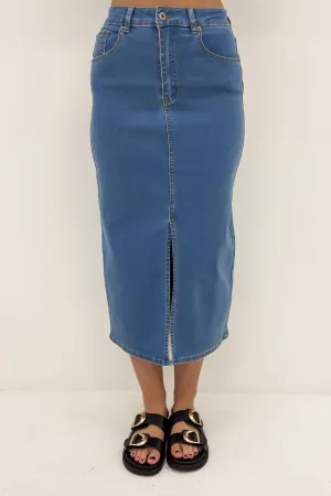 Crafted Detail Alivia Denim Midi Skirt Dark Blue