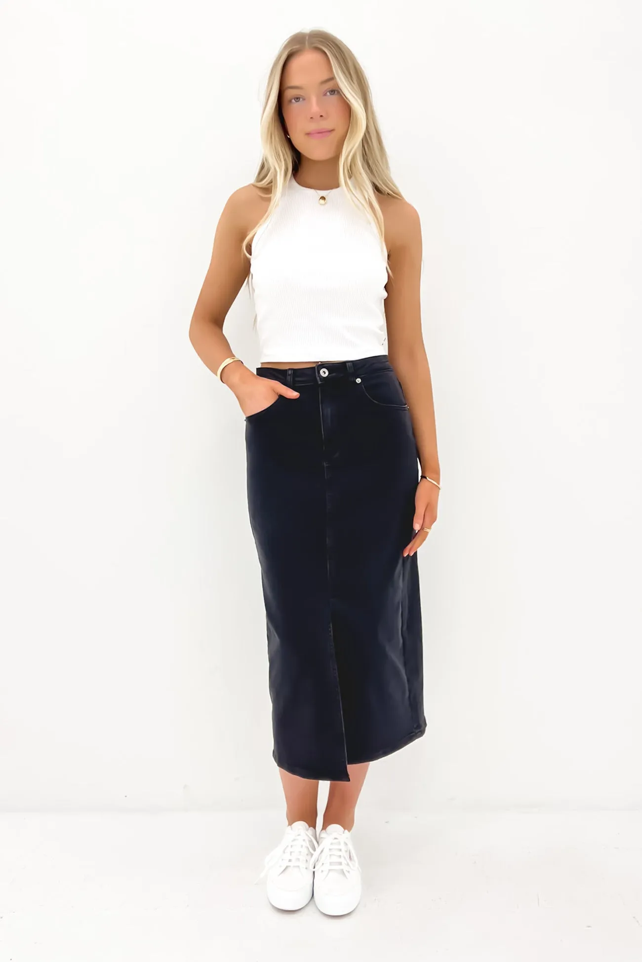 Alivia Denim Midi Skirt Wash Black Draped Silhouette