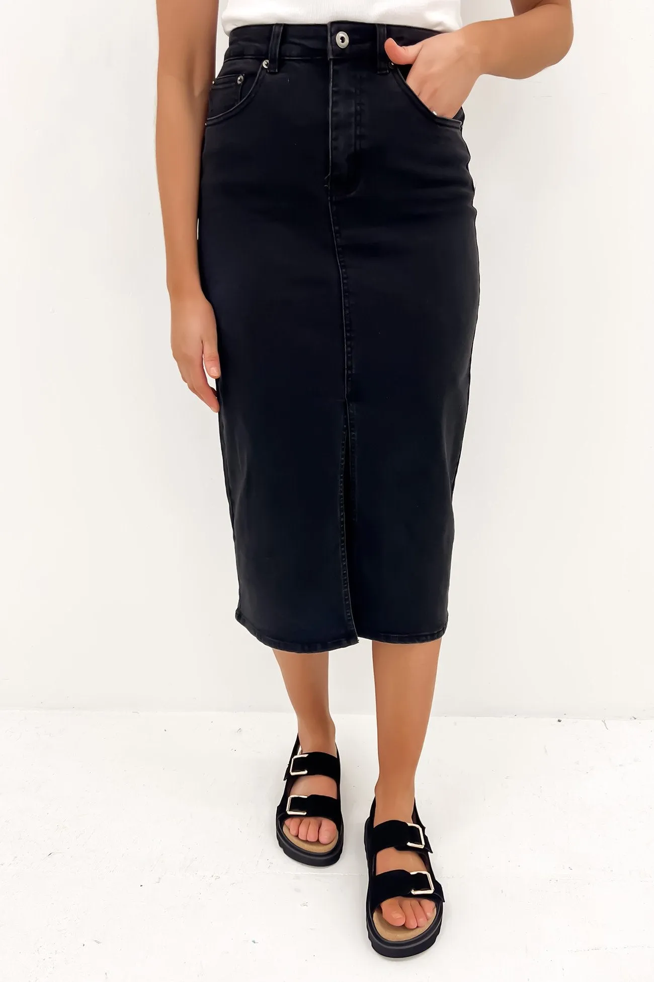 Alivia Denim Midi Skirt Wash Black Winter Staple Weighted Hem