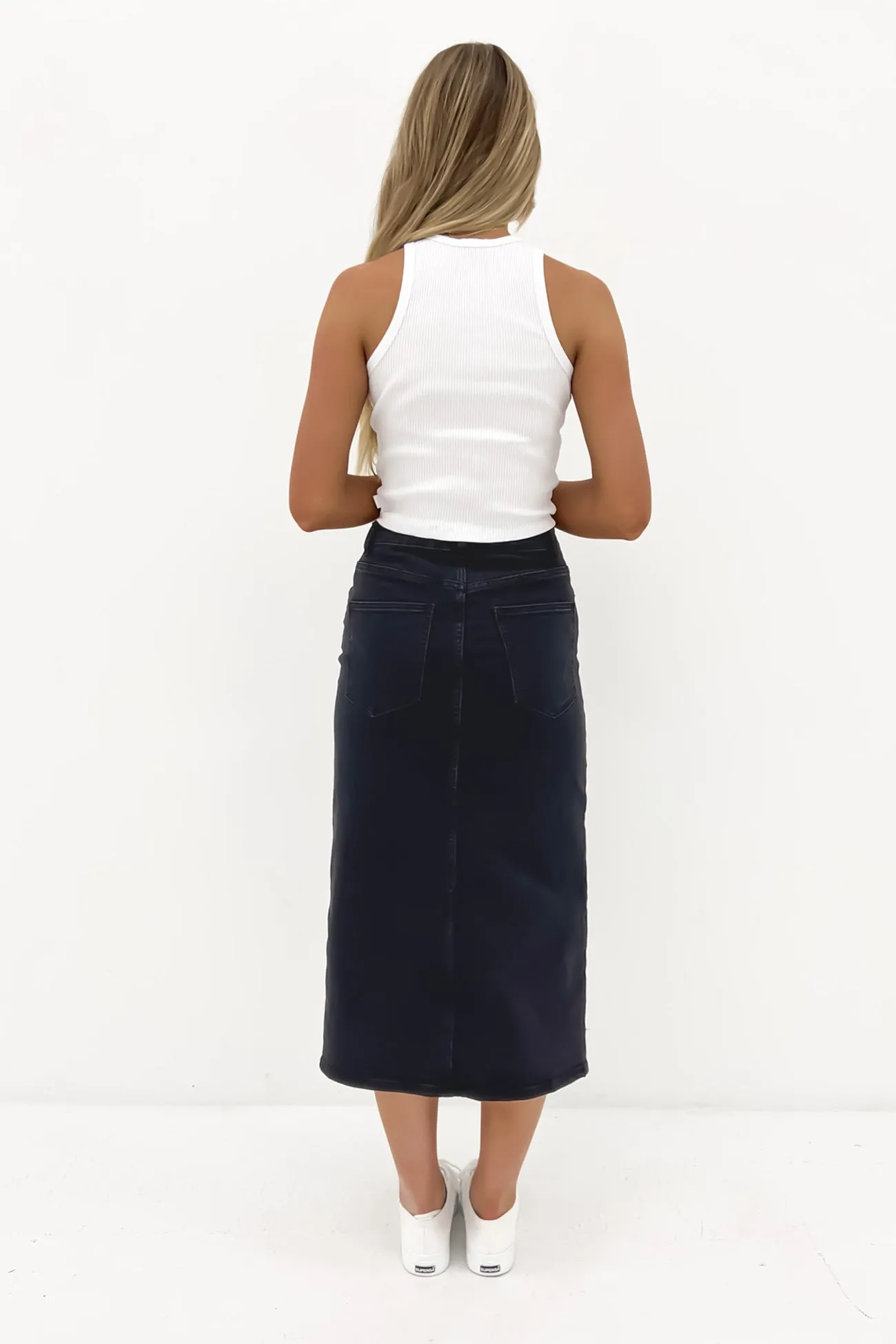Designer Inspired Alivia Denim Midi Skirt Wash Black