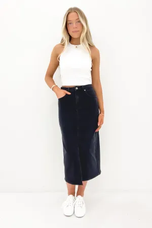 Alivia Denim Midi Skirt Wash Black Draped Silhouette