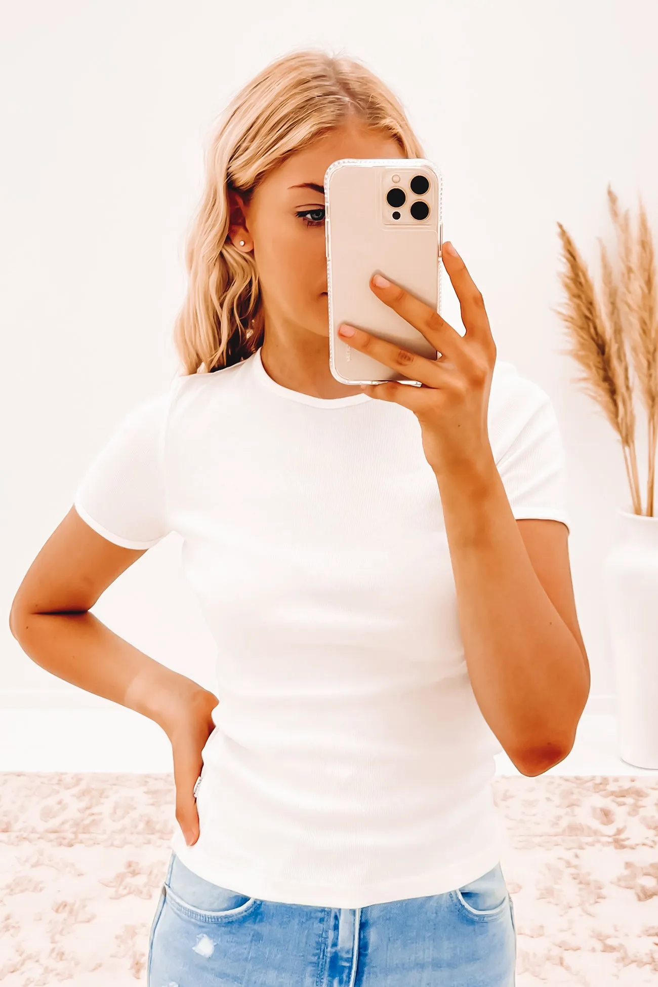 Raw Hem Finish Elastic Fit Baby Rib Tee White