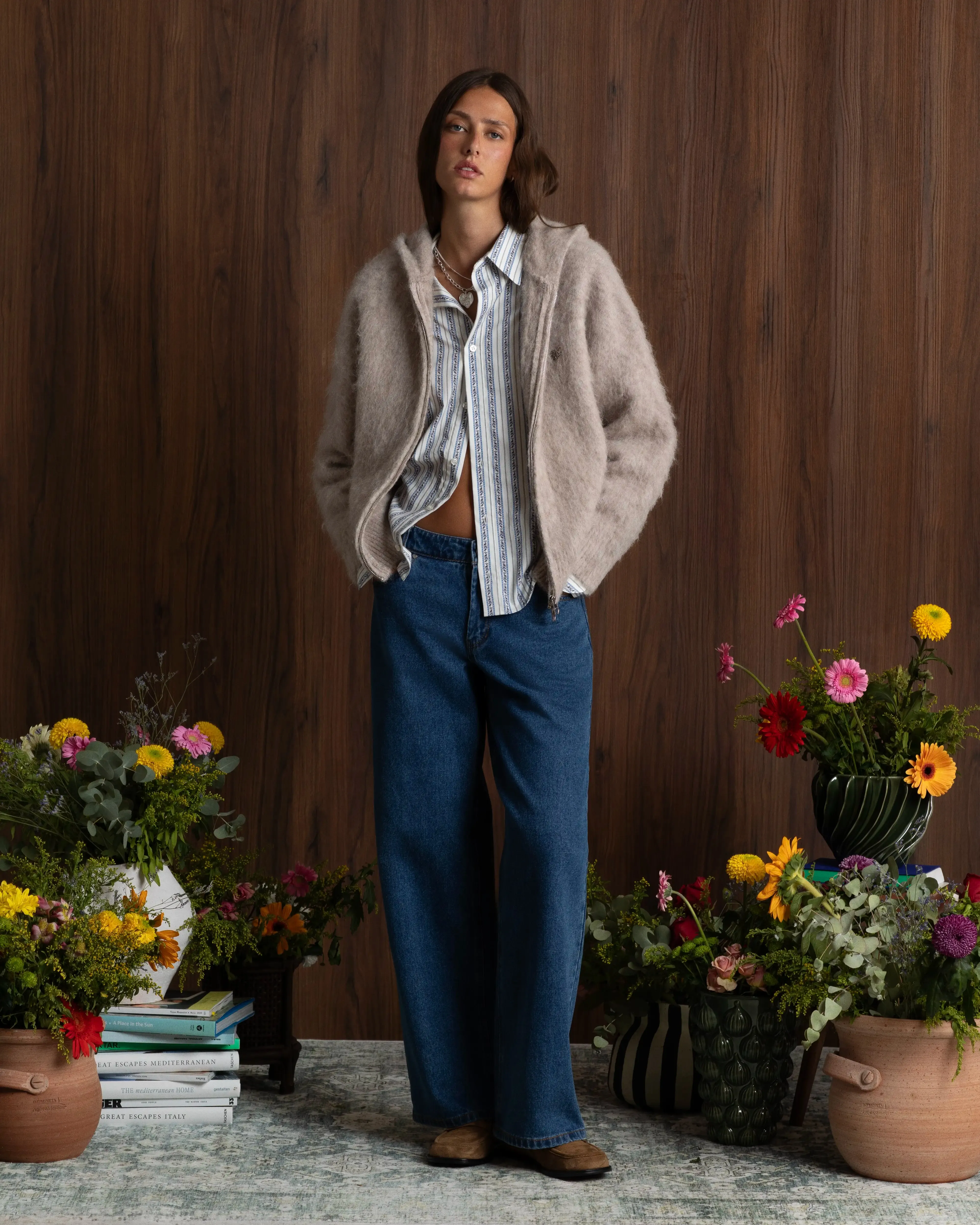 Ribbed Trim Alpachino Zip-Up Knit Beige