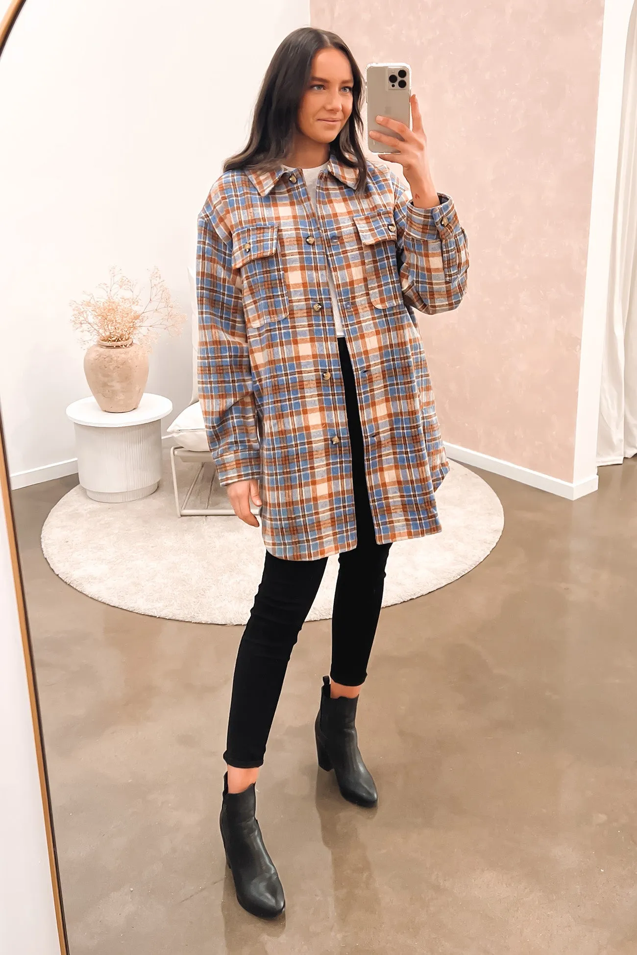 Pocket Details Compression Storage Amber Check Shacket Check