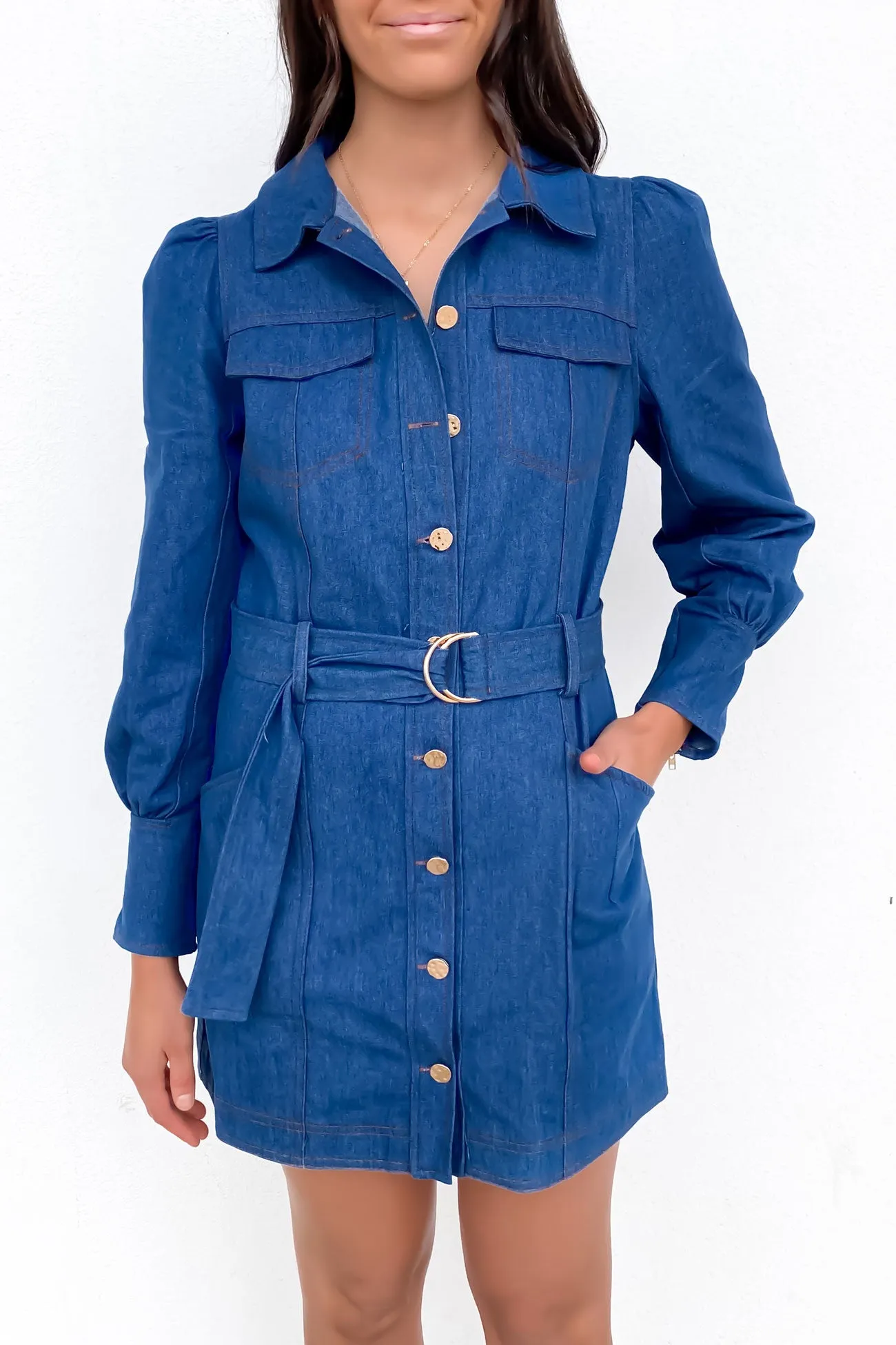 Figure-Skimming Knit Warm Amelia Denim Mini Dress Mid Blue