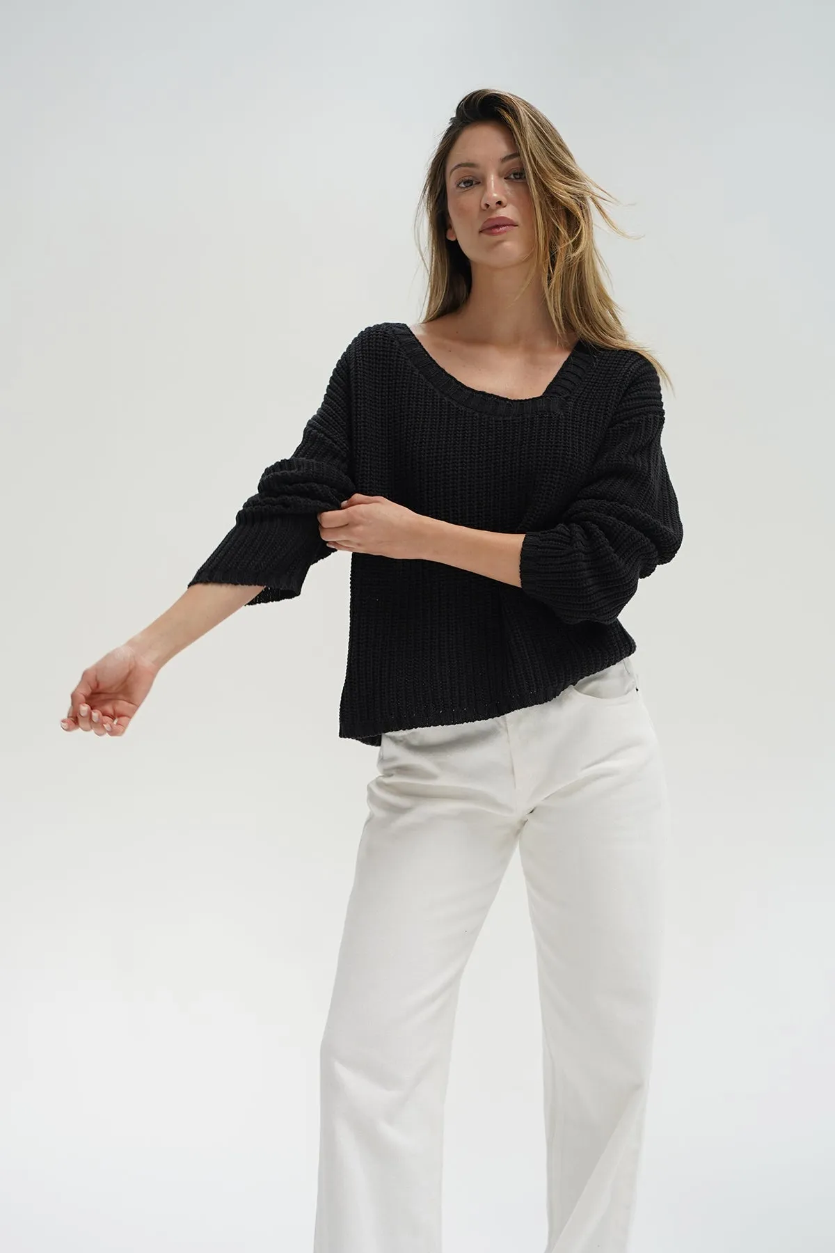 Angle V Sweater - Black MachineWashable Fabric muted tone