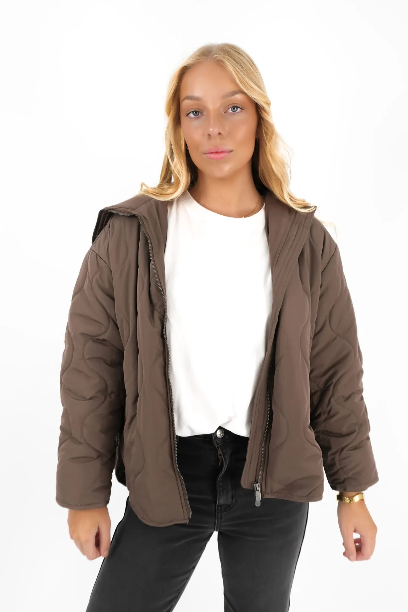 Mellow Quilted Jacket Chocolate Double Layered Hood Reinforced Elbows
