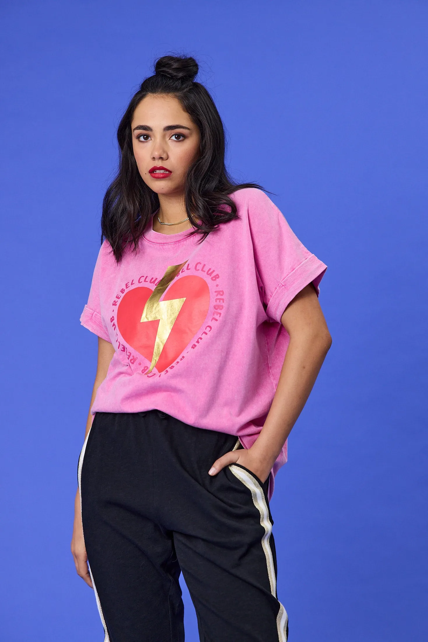 Rebel Club Love Bolted Capsleeve Tee Pink Relaxed Wear Fit