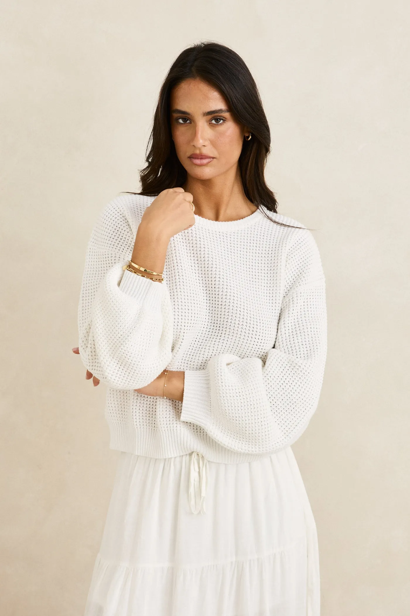 Breathable Mesh Panels Classic Knit Jumper White