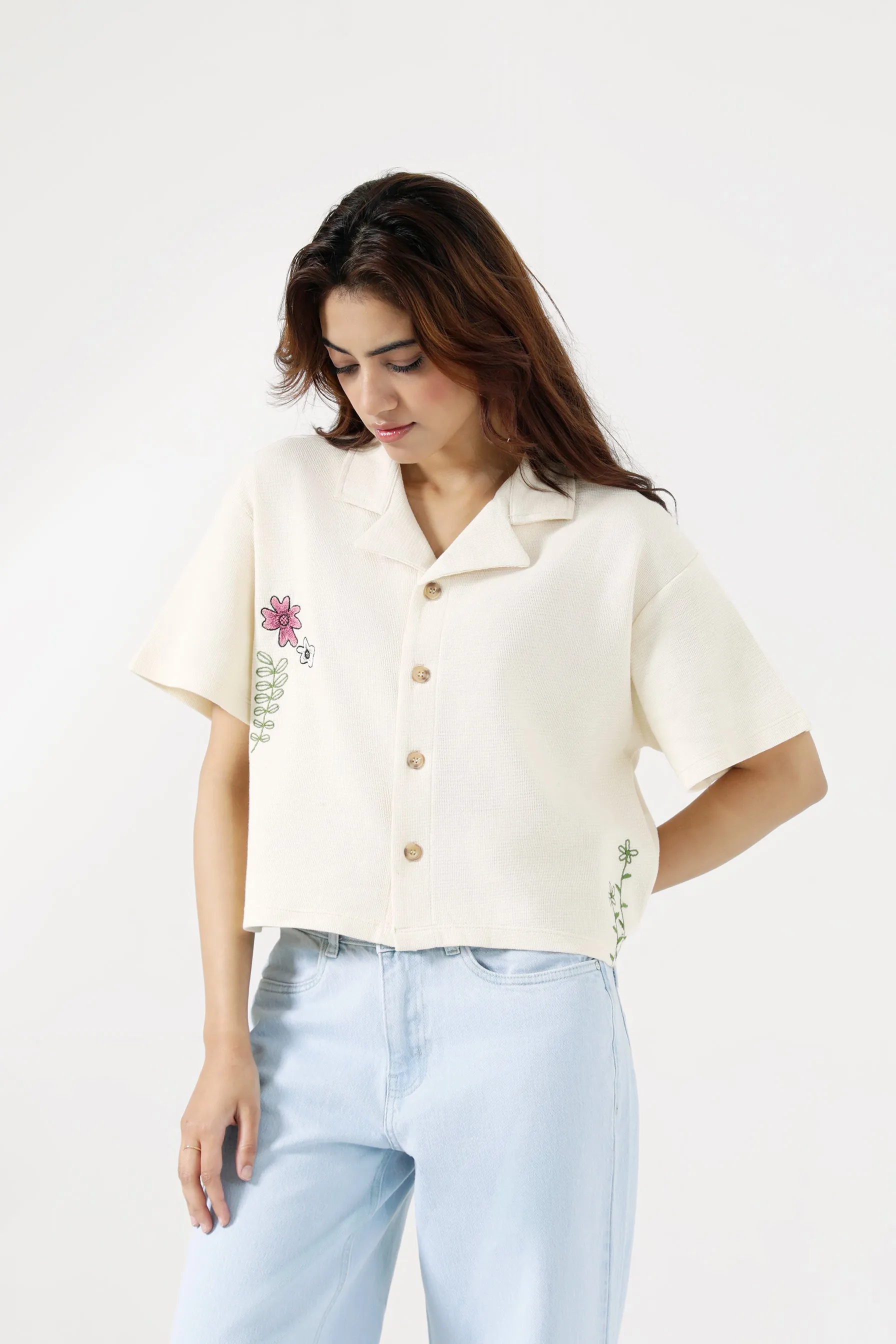 EMBROIDERED TEXTURED KNITTED TOP Essential Layer Stretch Recovery Fabric