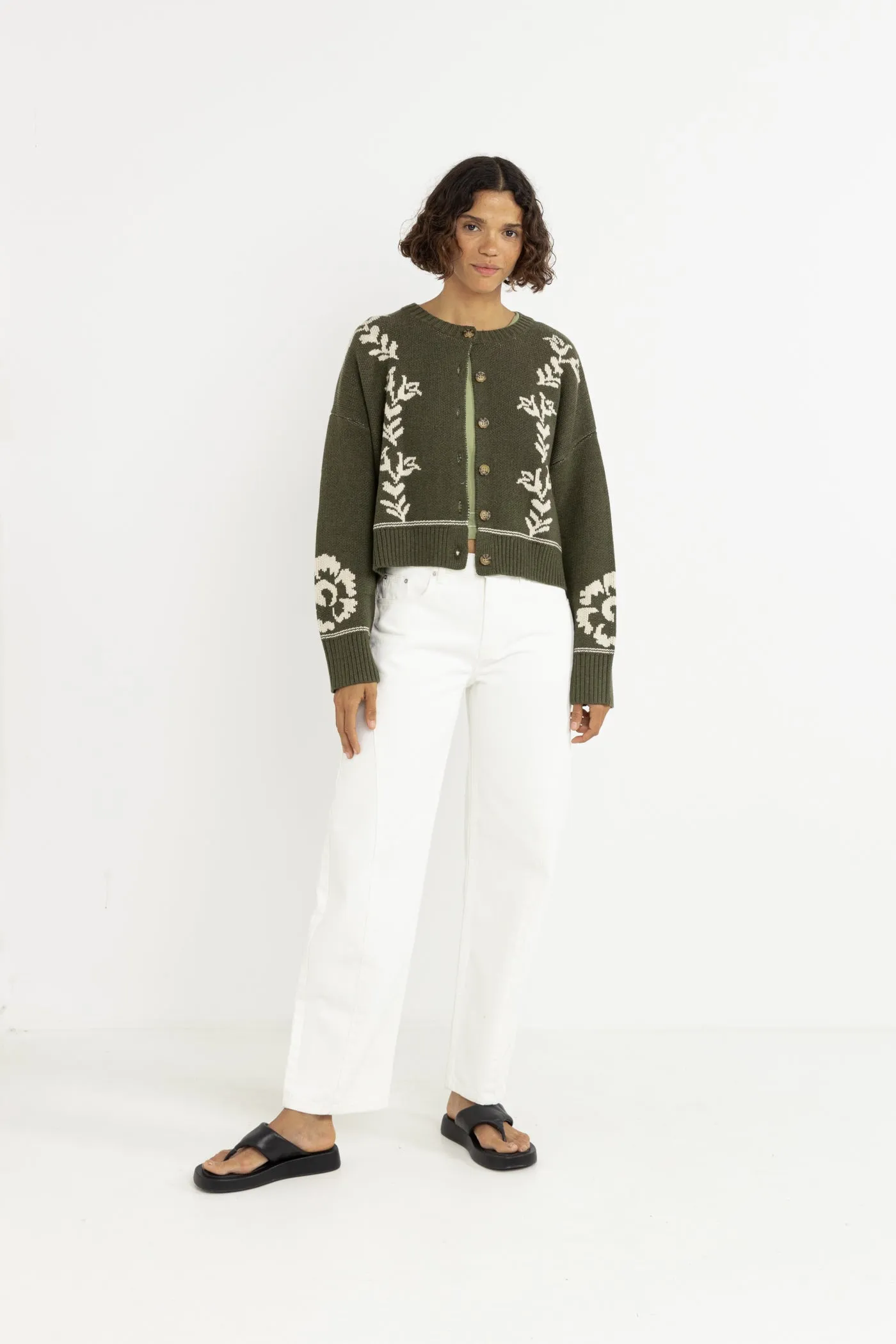 Moisture wicking Antique Floral Crop Cardigan Olive