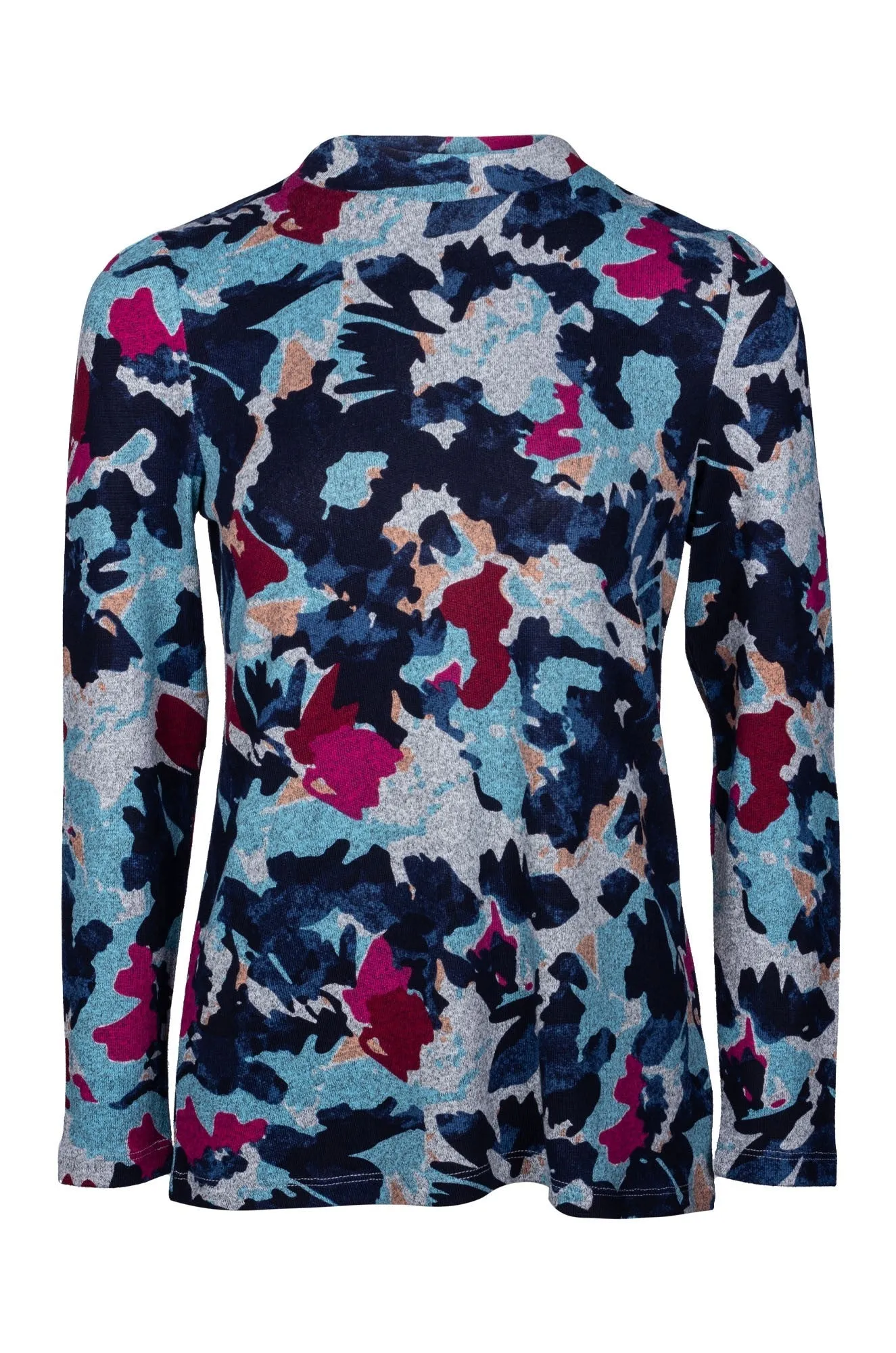 LowMaintenanceFabric Airflow Mesh Panels Turtle neck Warm Touch Top | Blues Pink Floral | 7902B1