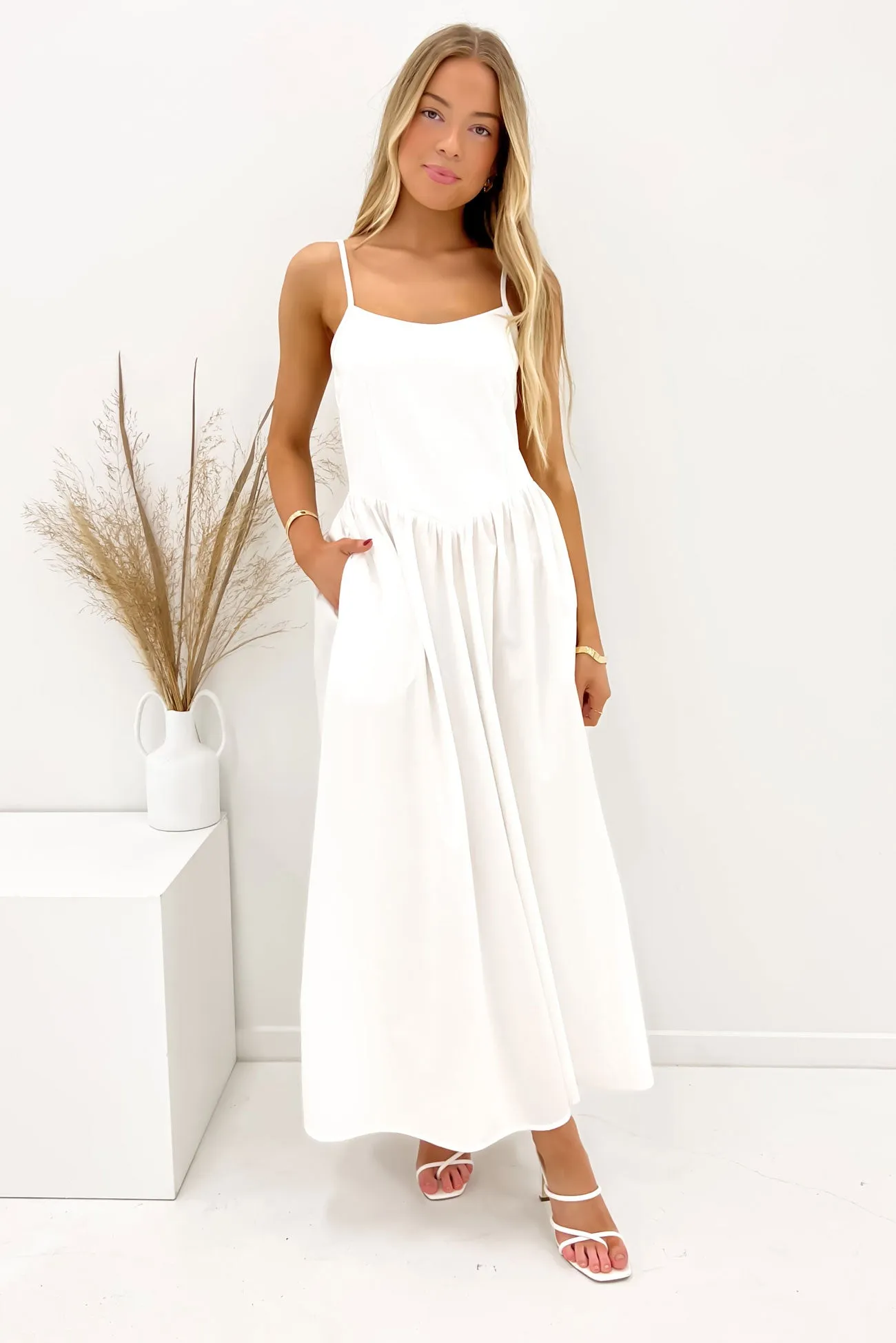Padded-Bust Pleat-Front Barton Midi Dress White