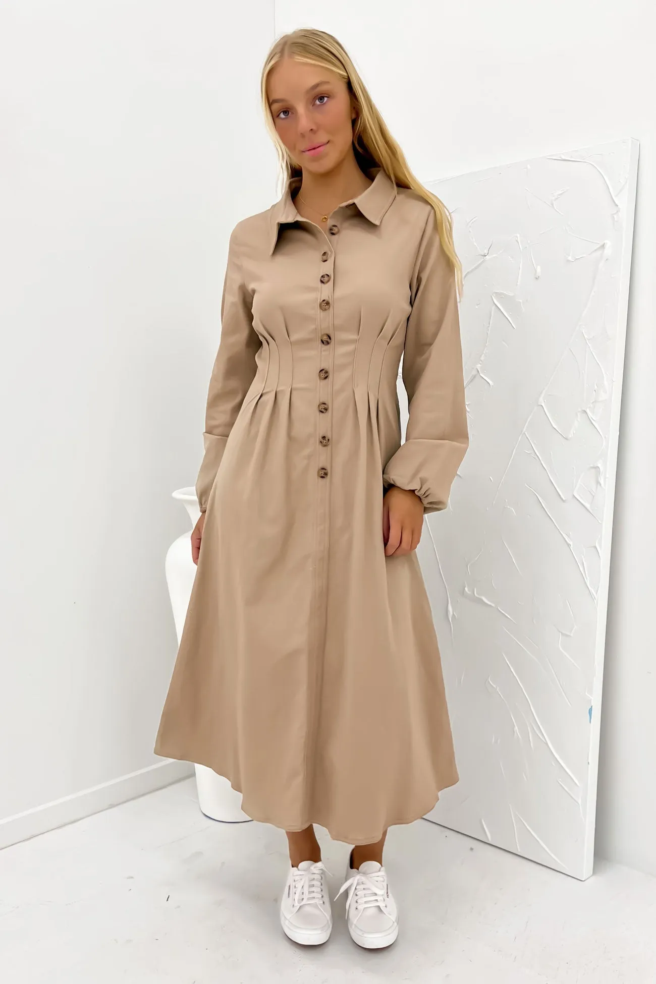 Bessie Midi Dress Tan Soft Draping