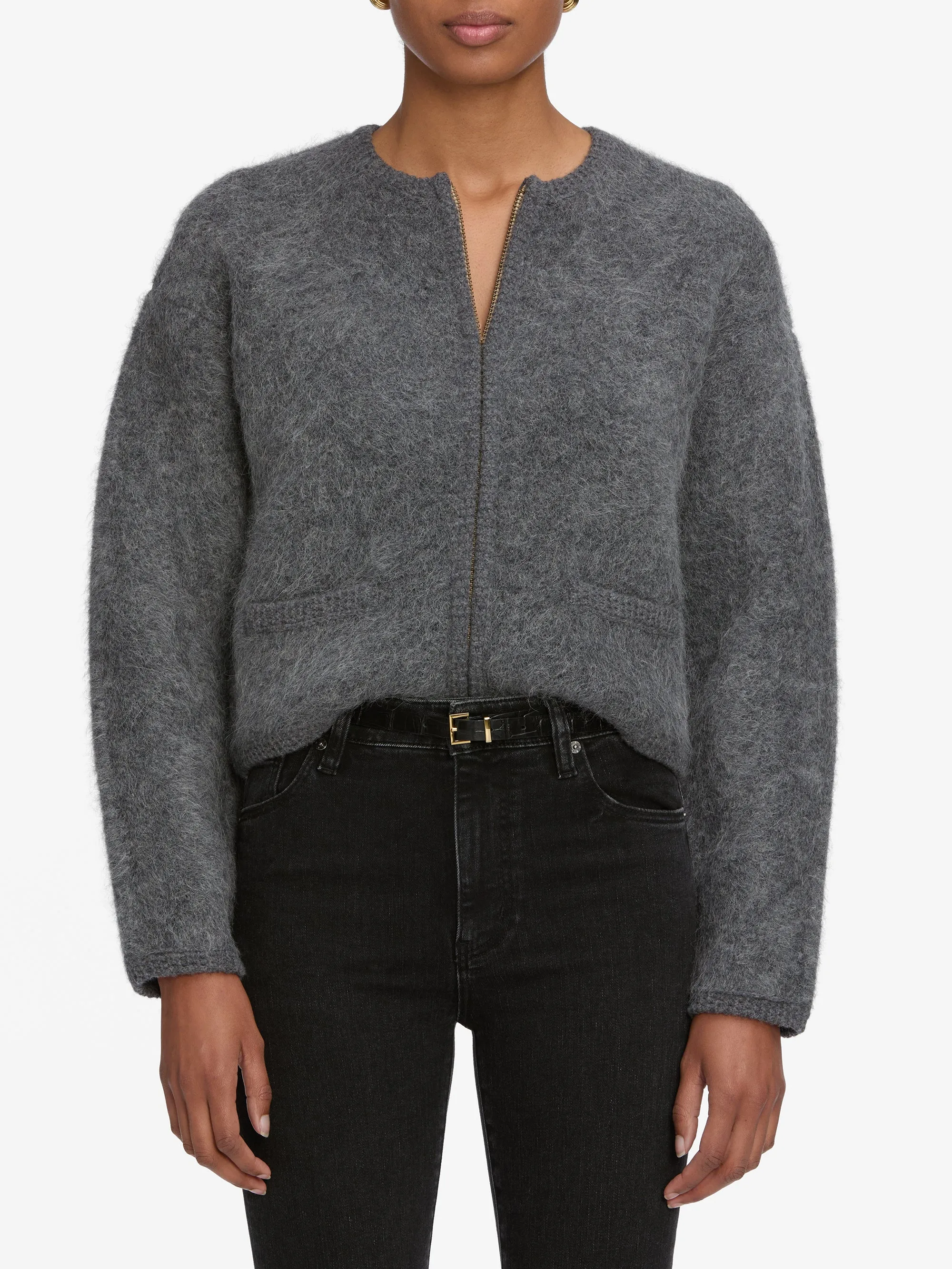 Interlock Knit Body Layered Stitch Detail The Lofty Crochet Cardi -- Dark Heather Grey