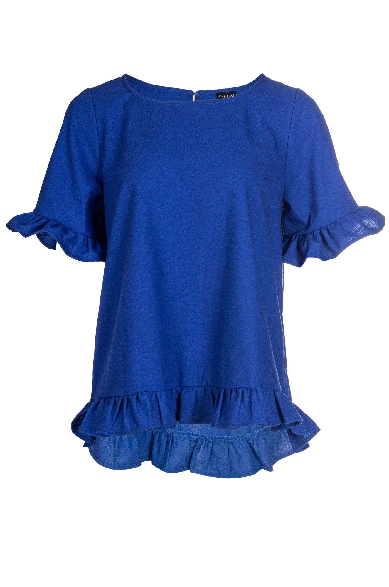 Opaque Core Effortless Style Cotton Linen Blend Top with ruffles | MED BLUE | 6775A1
