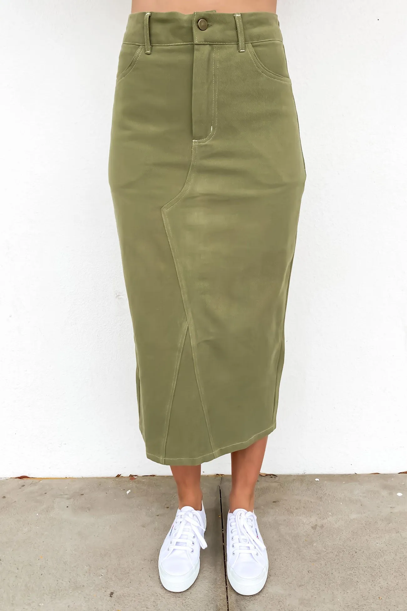 Abbie Skirt Khaki Crossback Strap Modern Design