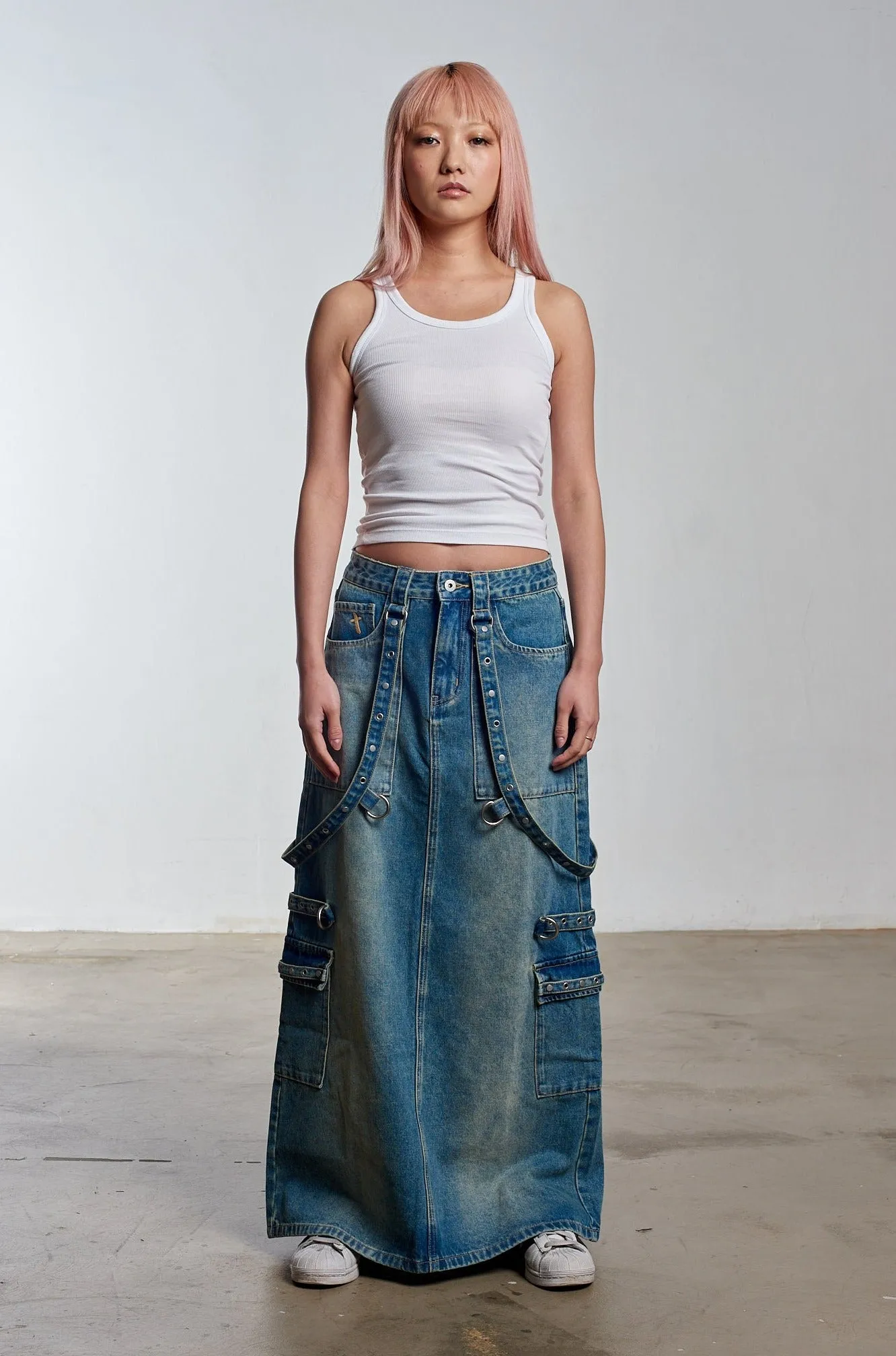 Travel Ease Synthetic Blend Bondage Denim Midi Skirt Blue