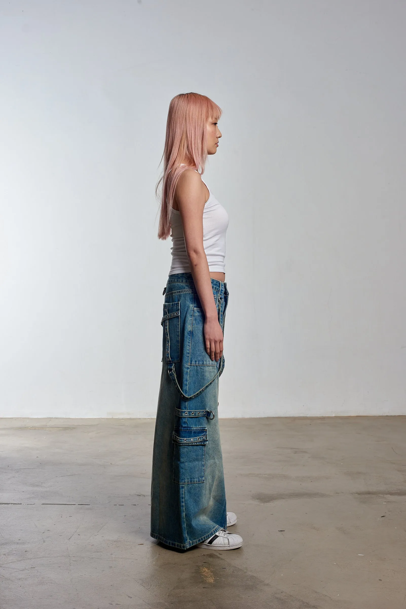 Pastel tone Bondage Denim Midi Skirt Blue