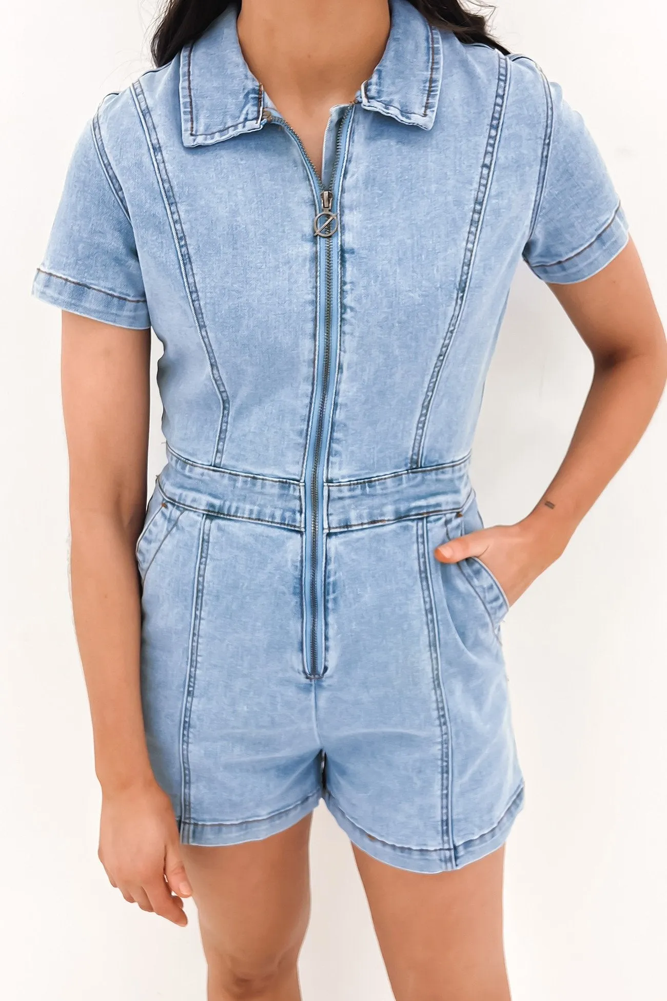 Boston Playsuit Blue Airtight Zipper Fashion Layers