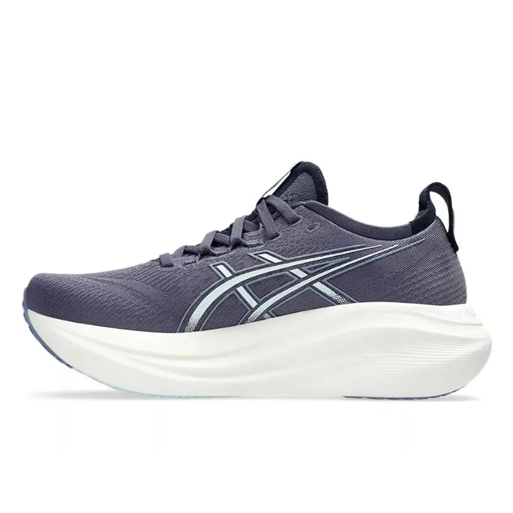 Womens Asics Gel-Nimbus 27 in Indigo Fog/Cool Grey running in a cliff area shoes