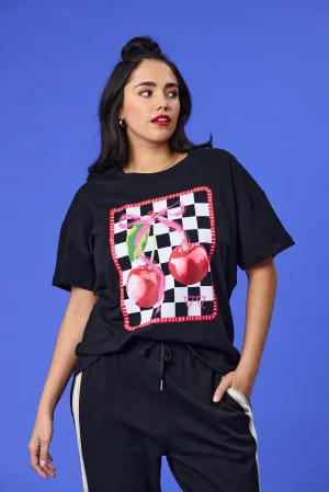 Rebel Club Cherry Checker Boyfriend Tee Black comfortable top Printed design
