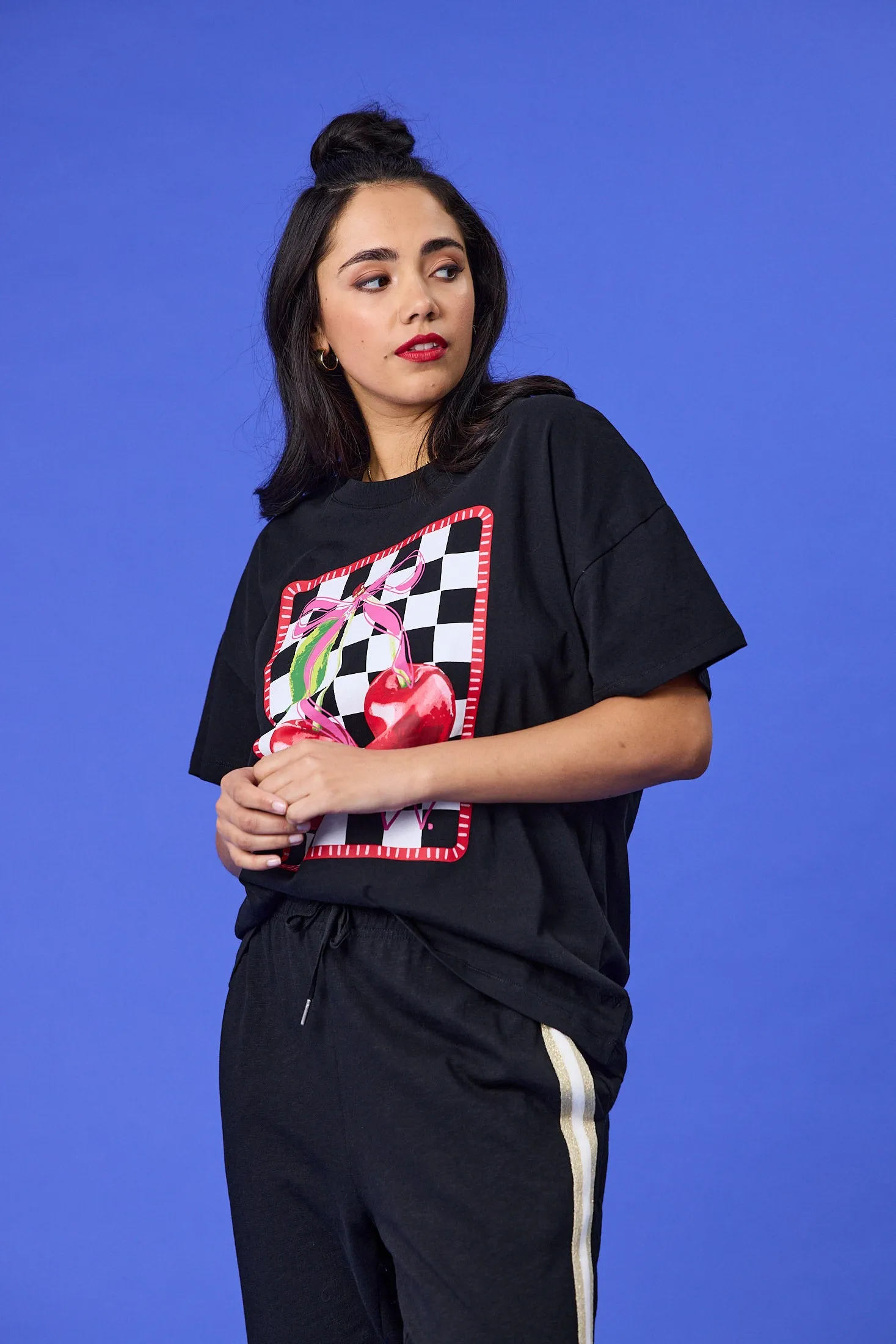 Rebel Club Cherry Checker Boyfriend Tee Black Camping attire